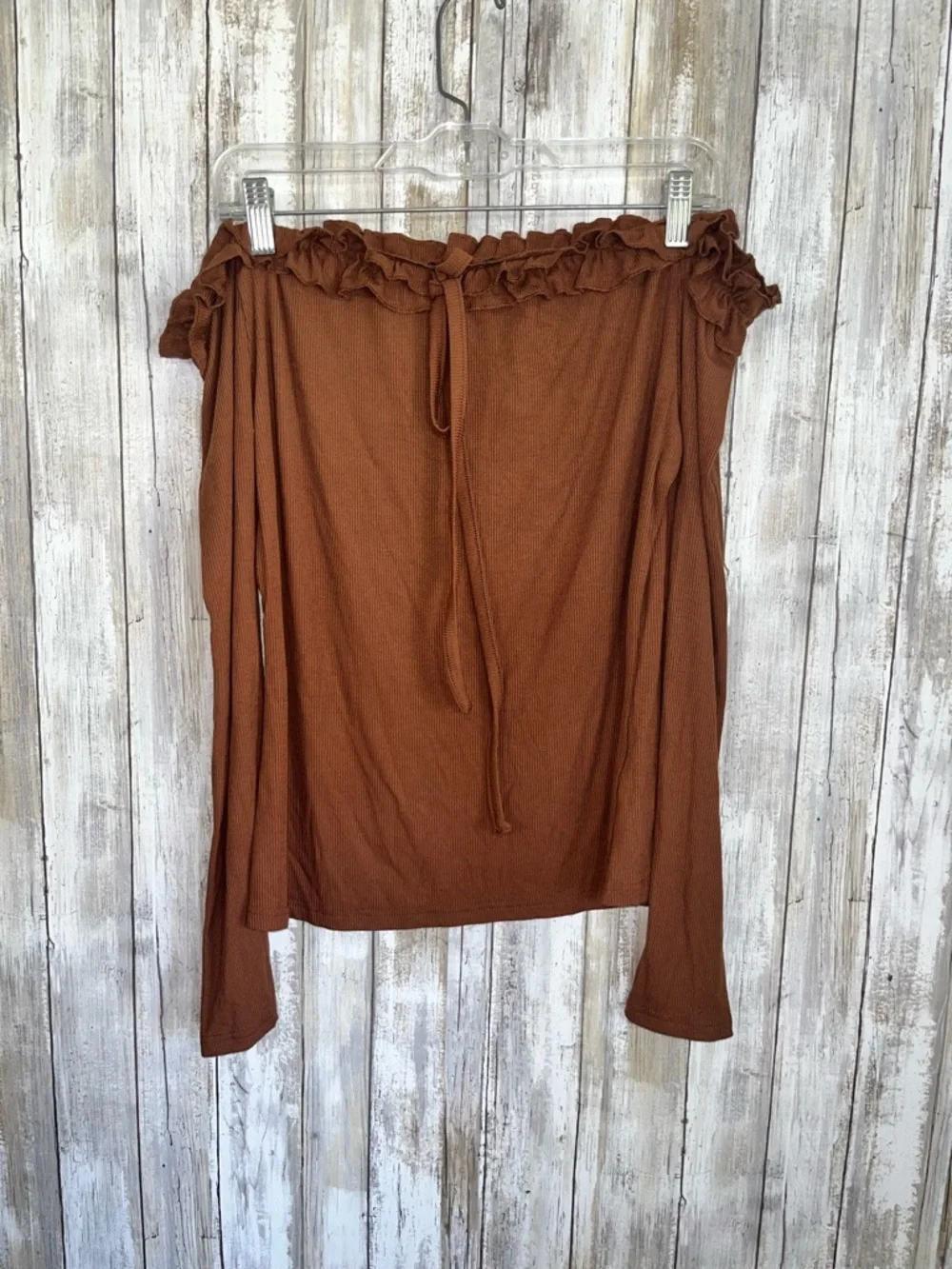 PrettyGarden Brown Off Shoulder Ribbed Top XL Boho Long Sleeve Tie Neck - Picture 2 of 6